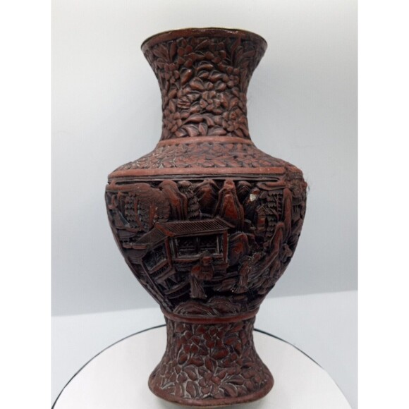 Chinese Cinnabar Vase Carved Super Rare Piece Antique 8 1/2" Tall - Picture 2 of 16